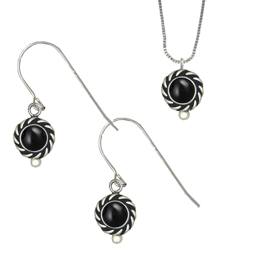 Sterling Silver Petite Necklace Earrings Set Black Onyx